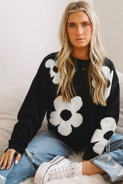 Elegant Black Floral Knit Sweater