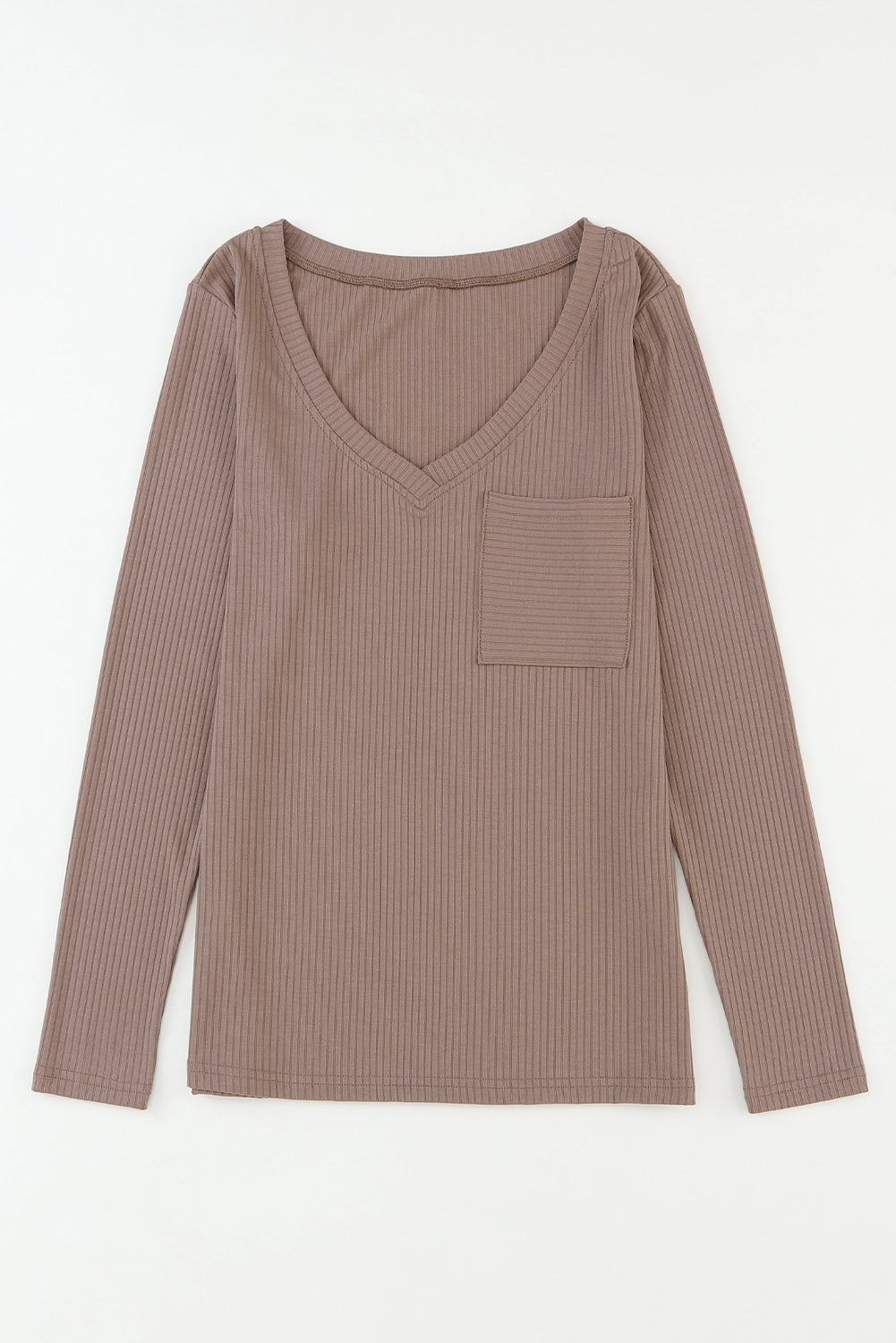 Khaki Ribbed V Neck Top with Chest Pocket