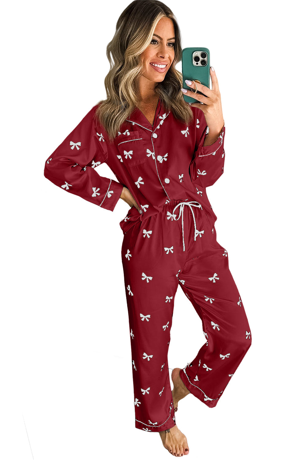 Red Bows Print Two Piece Sleepwear
