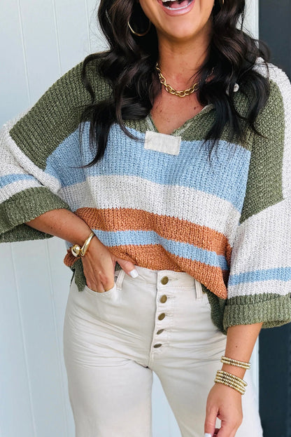 Green Striped Color Block Knit Split Neck Loose 3/4 Sleeve Side Split Sweater