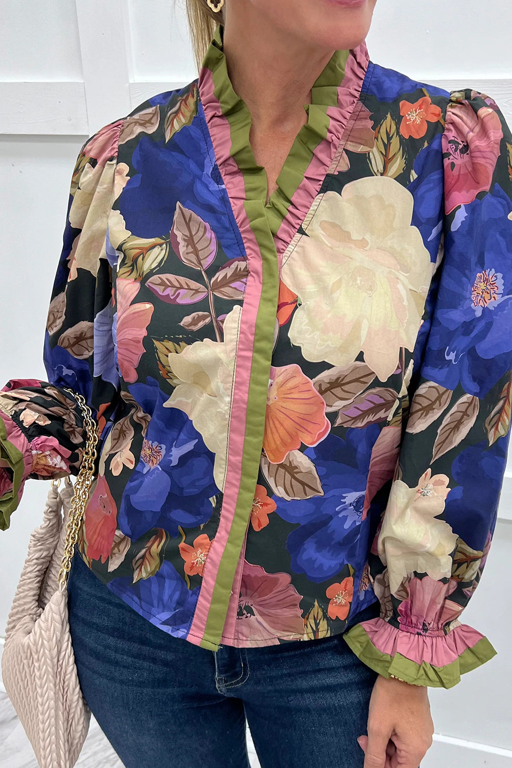 Blue Fall Leaf Floral Print Frilly Striped Trim V Neck Puff Sleeve Blouse