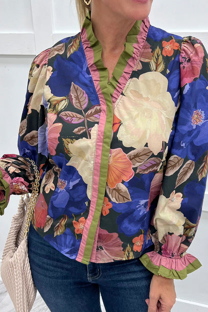 Blue Fall Leaf Floral Print Frilly Striped Trim V Neck Puff Sleeve Blouse