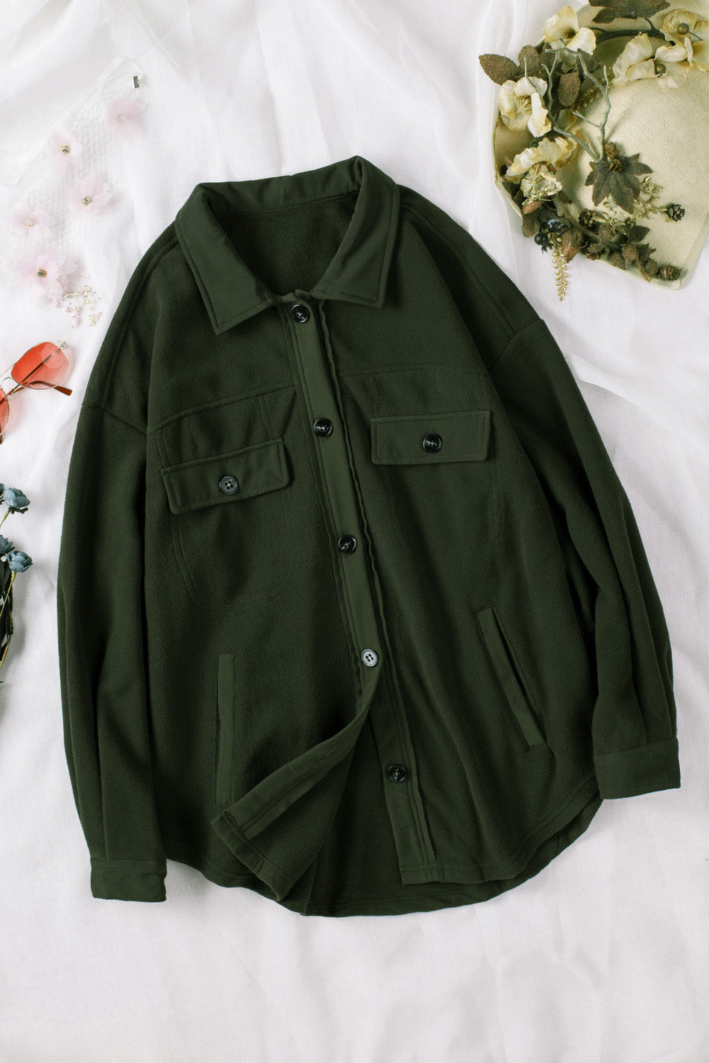 Green Stylish Button-Up Shirt Jacket with Collar