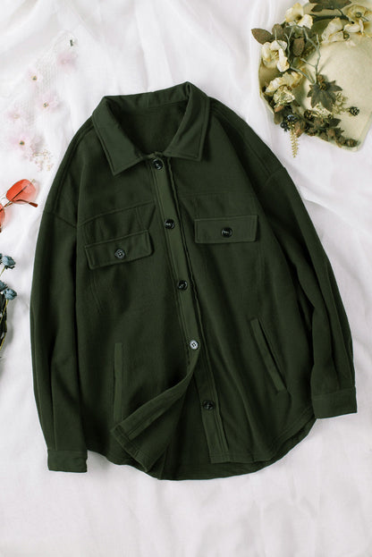 Green Stylish Button-Up Shirt Jacket with Collar