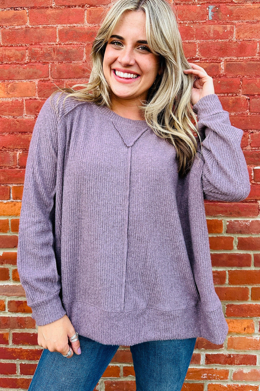 Orchid Petal Ribbed Knit Exposed Seam Detail Oversize Long Sleeve Top