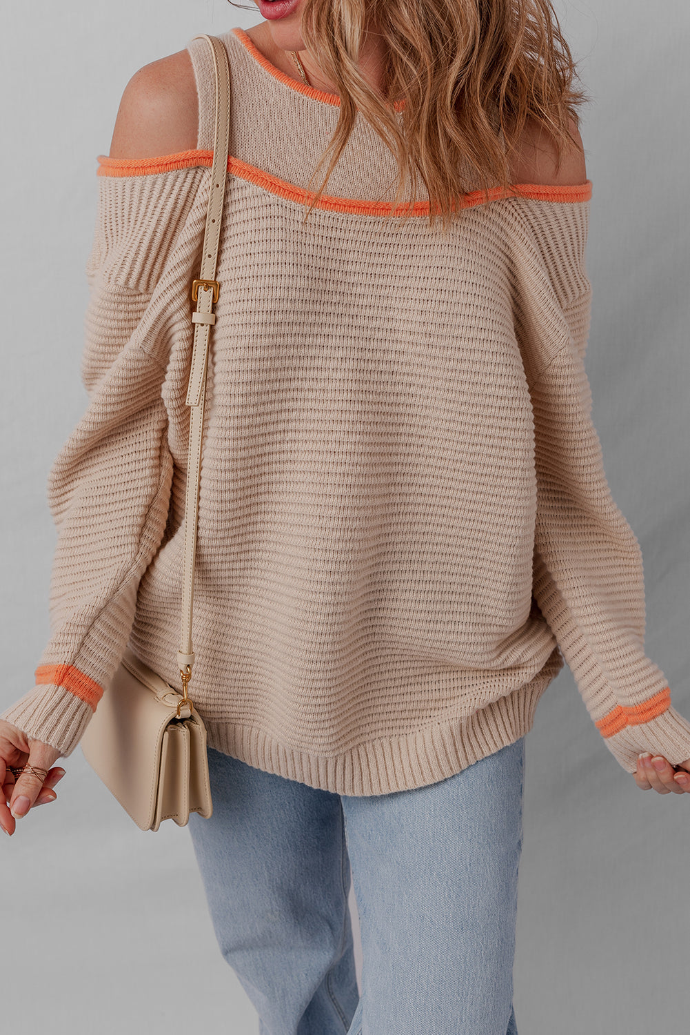 Parchment Contrast Trim Cold Shoulder Patchwork Knit Loose Sweater