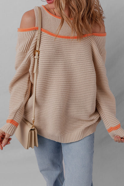 Parchment Contrast Trim Cold Shoulder Patchwork Knit Loose Sweater