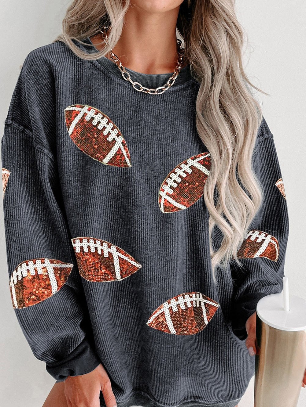 Gray Corduroy Sequin Rugby Shift Sweatshirt