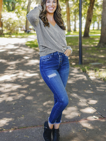 Khaki Reversible V-Neck Waffle Knit Sweater