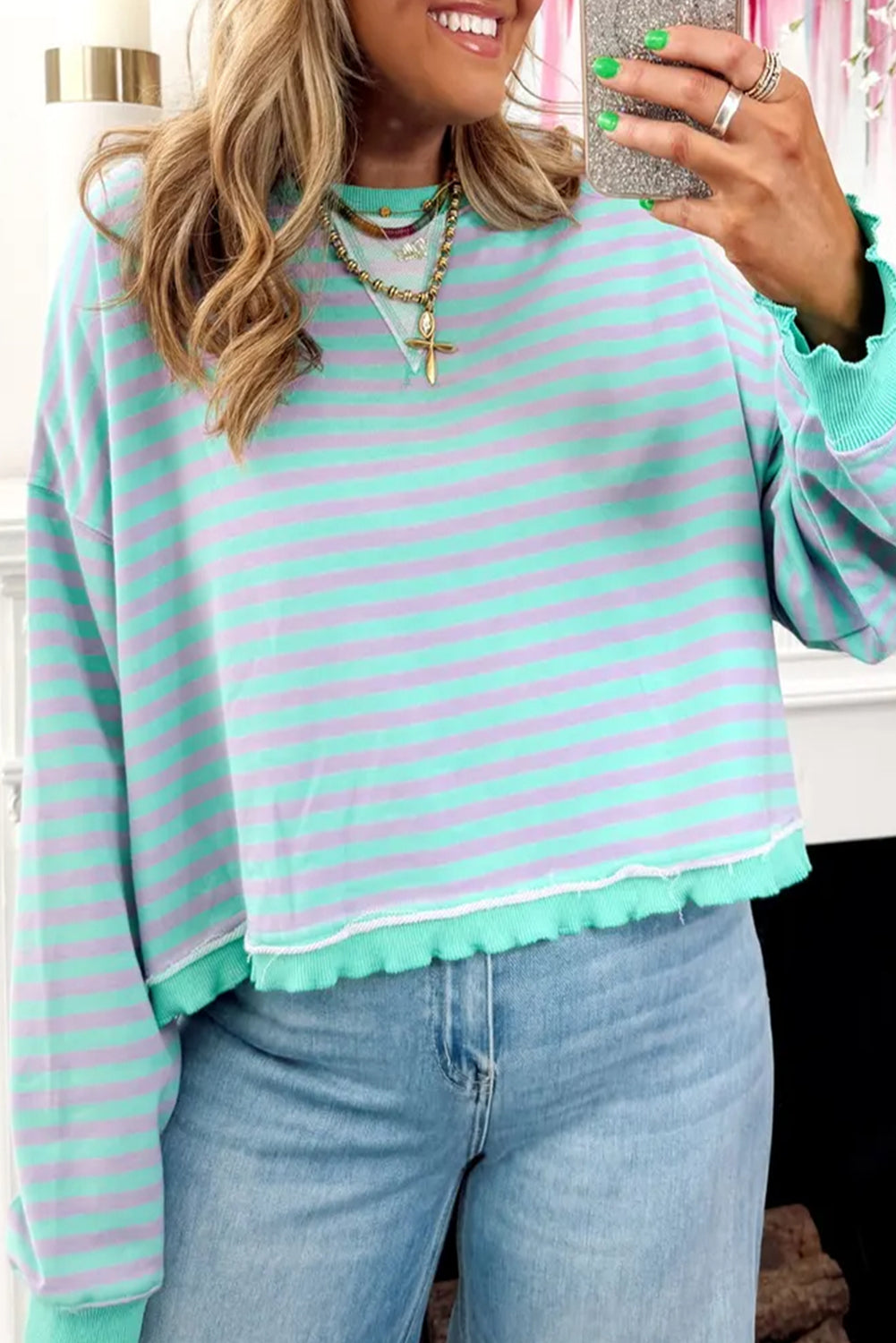 Green Stripe Exposed Seam Contrast Ribbed Trim Oversize Sweatshirt