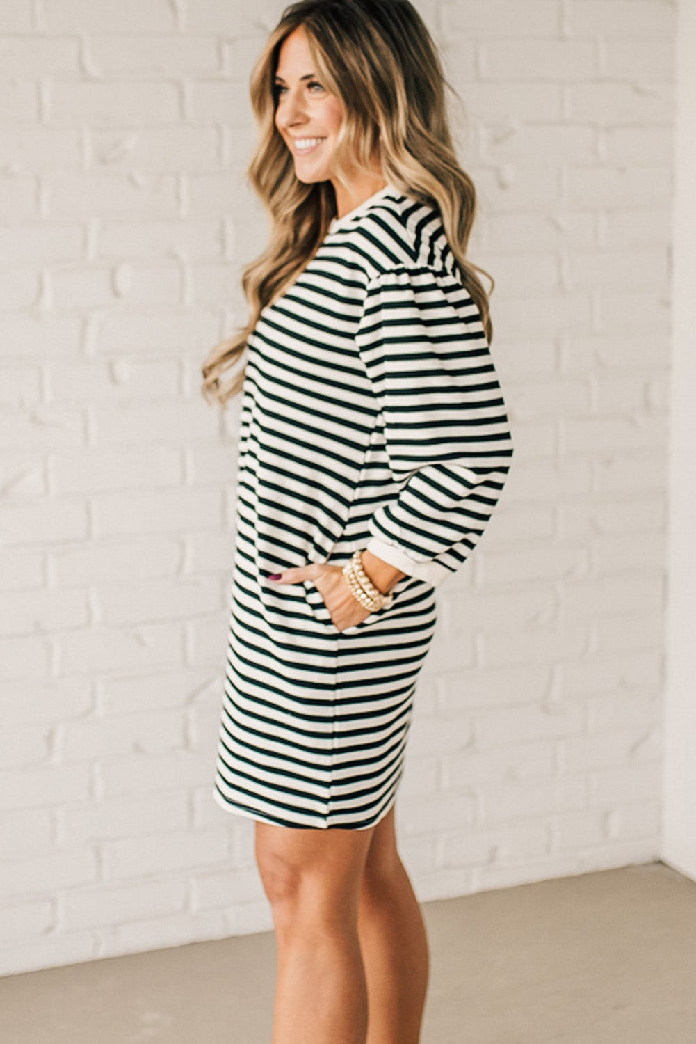 Black Stripe Puffy Bracelet Sleeve Shift Mini T Shirt Dress