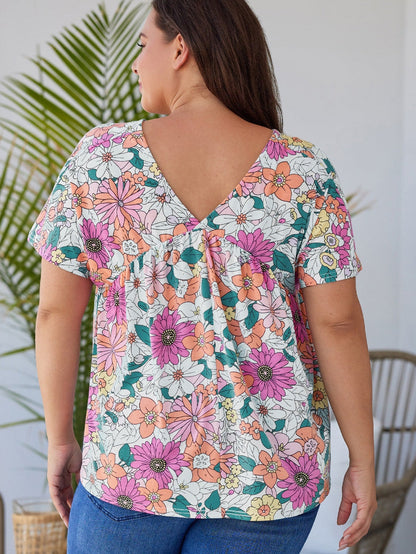 Summer Blossom V Neck Plus Size Blouse for Women