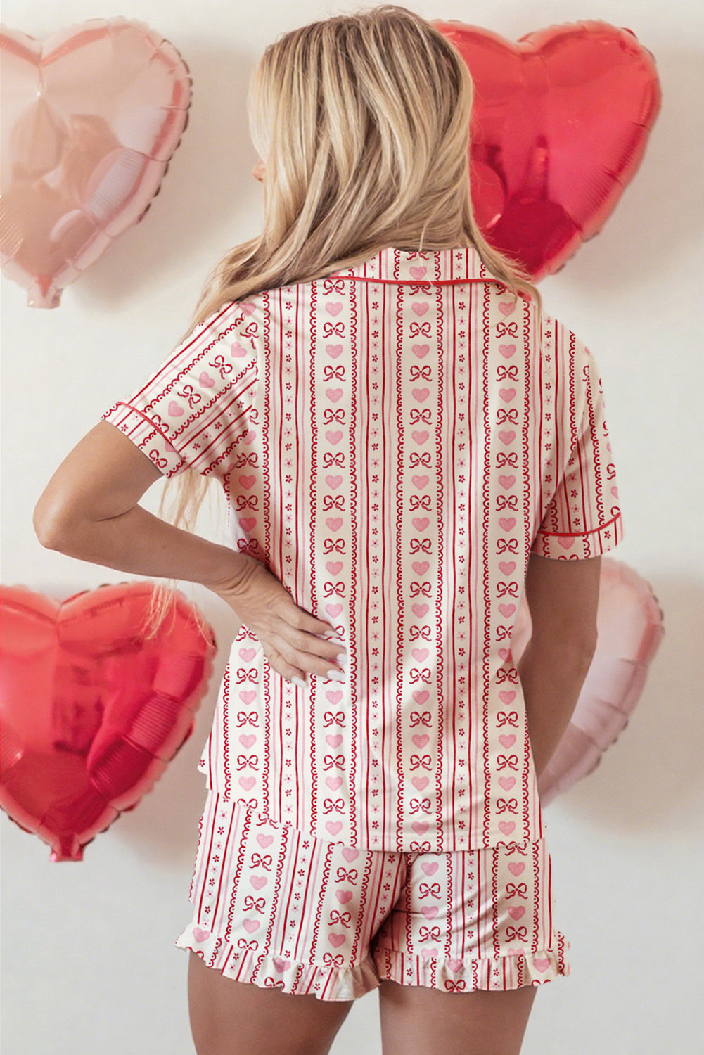 Red Sweet Bow Heart Flower Print Shirt Style 2pcs Pajama Short Set