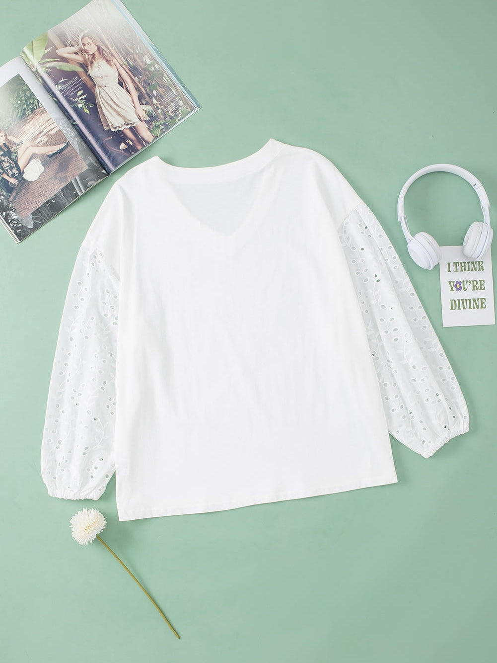 Ivory V-neck Embroidered Patchwork Puff Sleeve Top