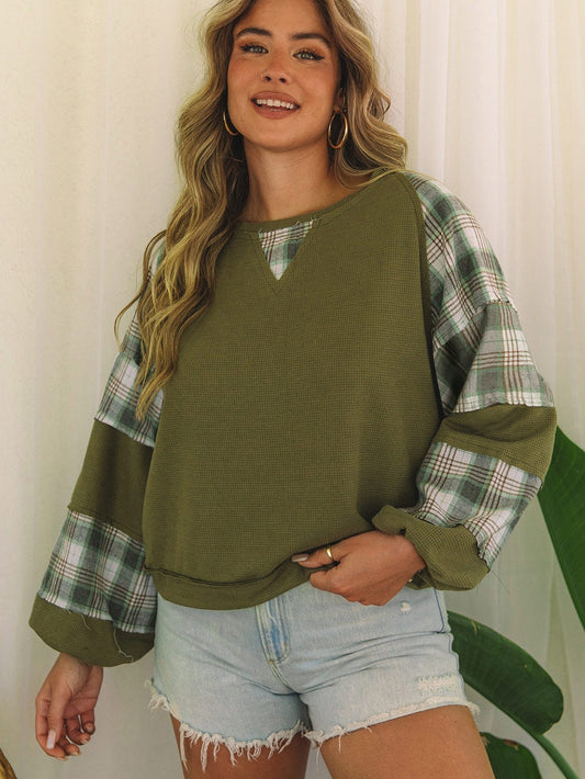 Green Plaid Bubble Sleeve Waffle Knit Patchwork Top