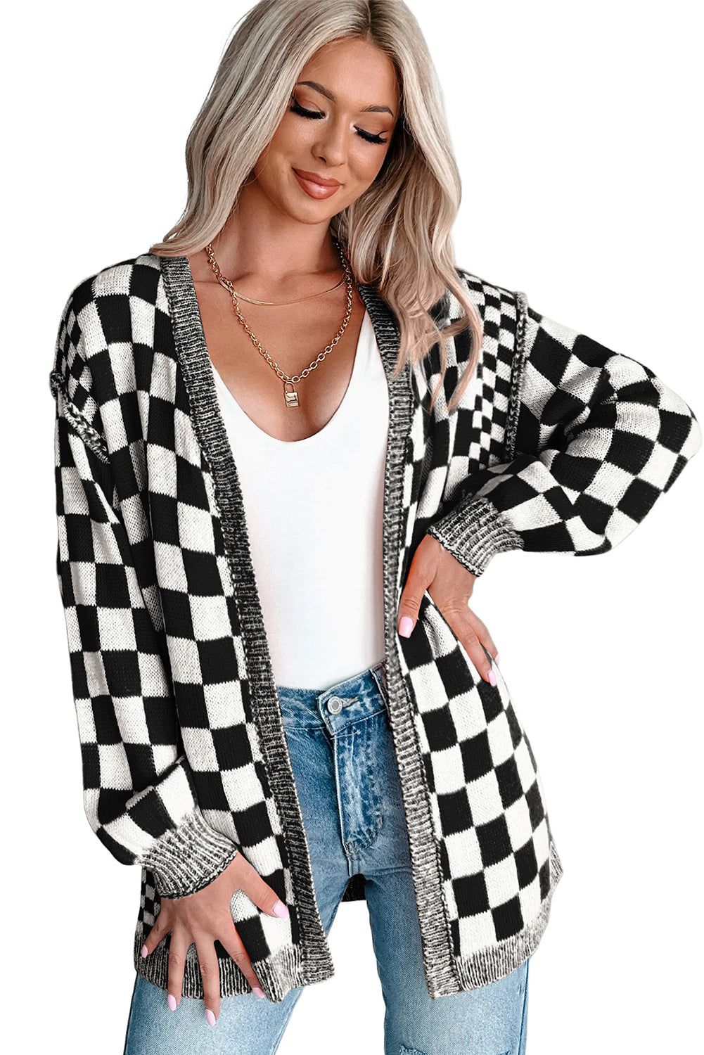 black checkered cardigan