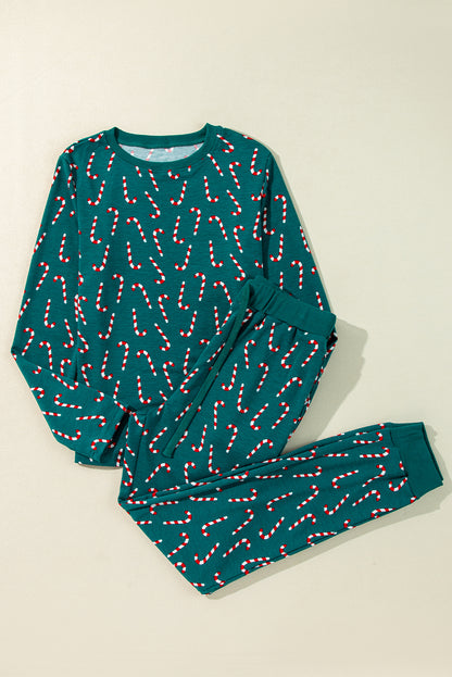 Green Christmas Candy Cane Printed Top and Pants Lounge Set