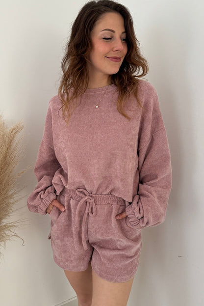 Fushia Solid Color Textured Knit Drop Shoulder Pullover Drawstring Shorts Set