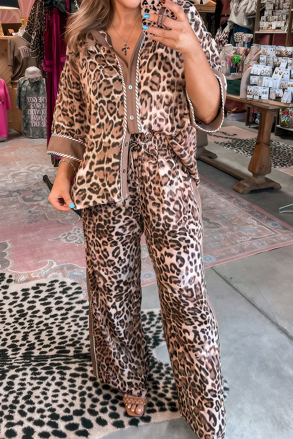 Brown Leopard Collared 3/4 Sleeve Shirt and Loose Pants Two Piece Outfit Set
