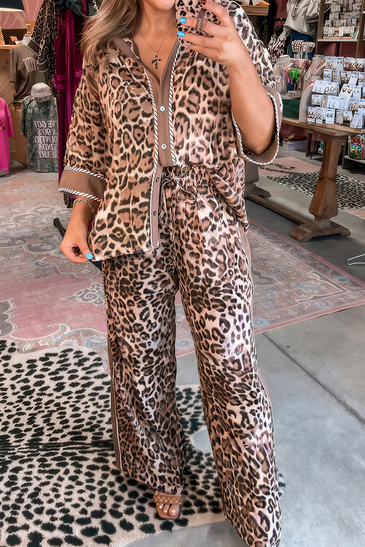 Brown Leopard Collared 3/4 Sleeve Shirt and Loose Pants Two Piece Outfit Set