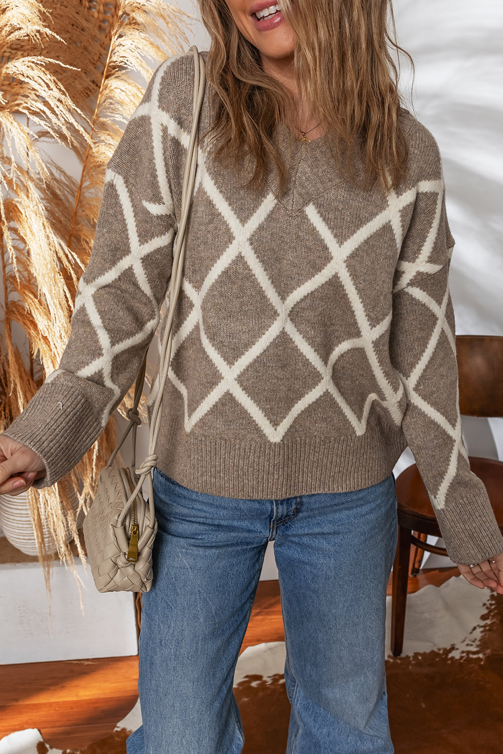 Brown Ribbed Trim V Neck Rhombus Pattern Knit Drop Shoulder Sweater