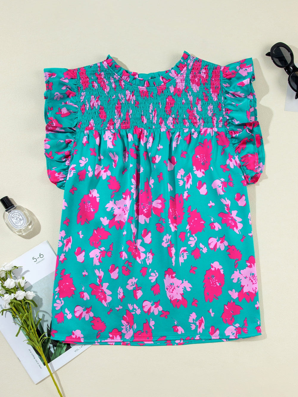 Green Blossom Ruffle Detail Plus Size Top