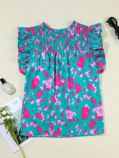 Green Blossom Ruffle Detail Plus Size Top