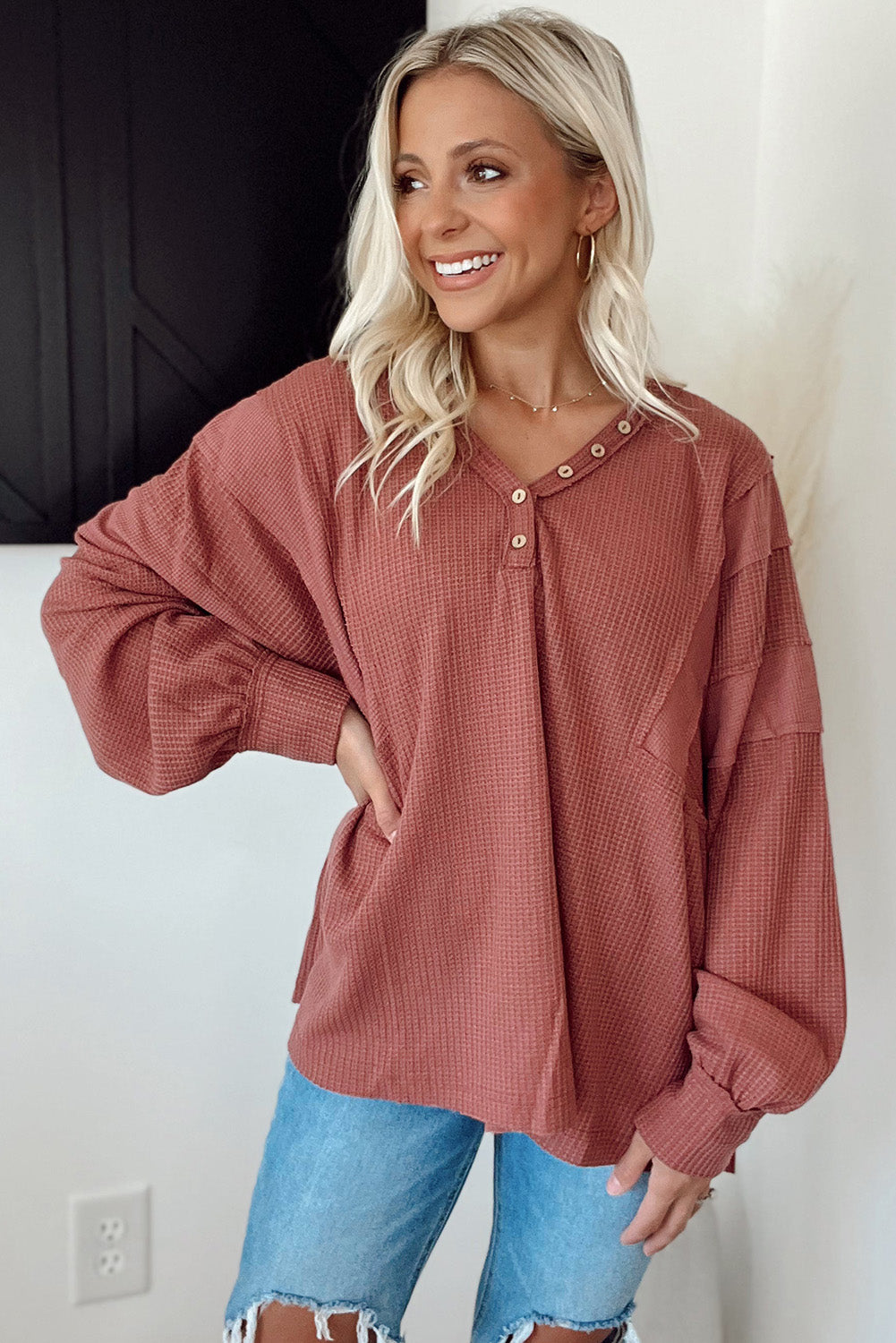 Mineral Red Waffle Patch Buttoned Neckline Long Sleeve Top