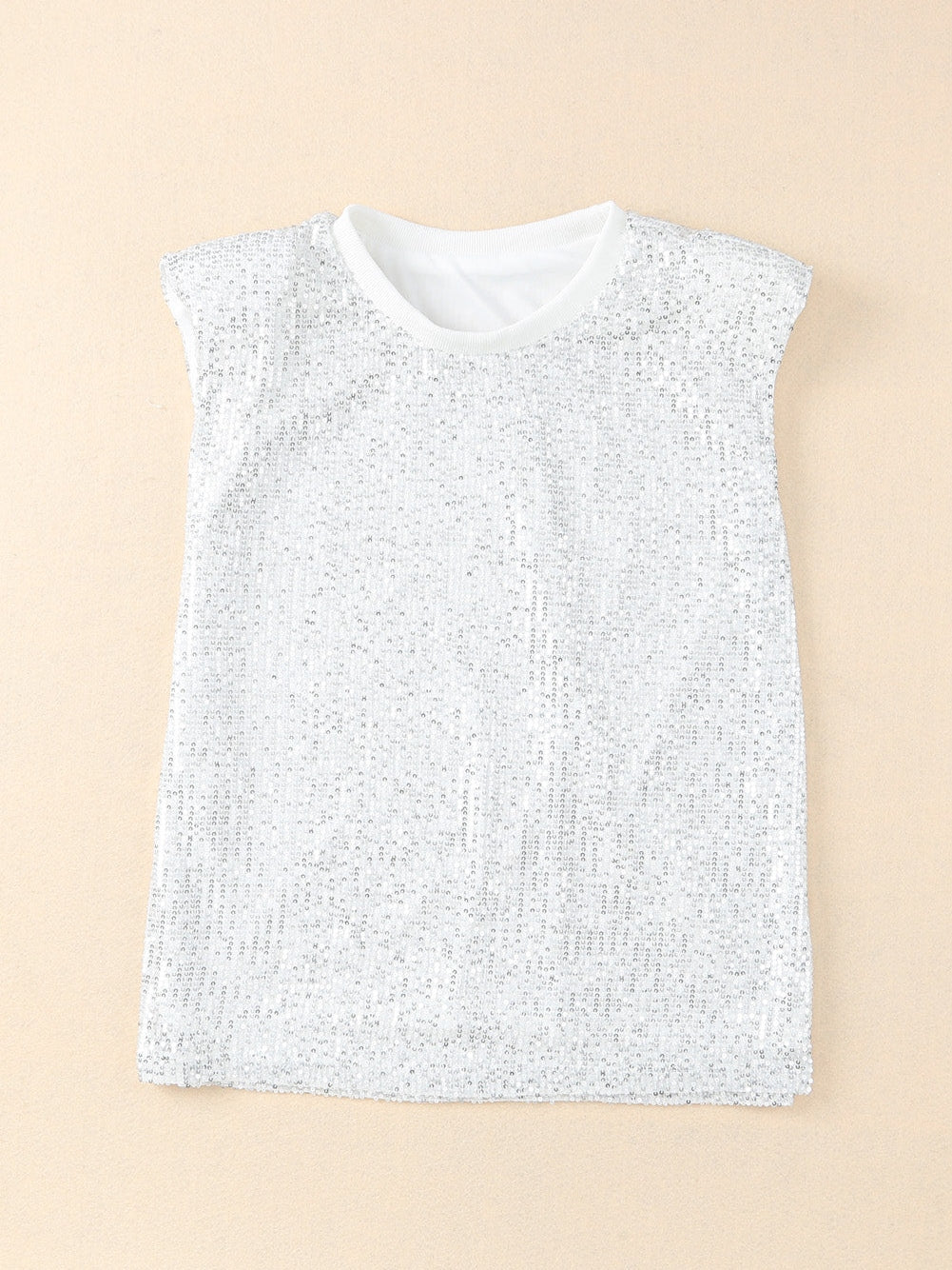 Apricot Sparkle Sleeveless Top with Round Neck