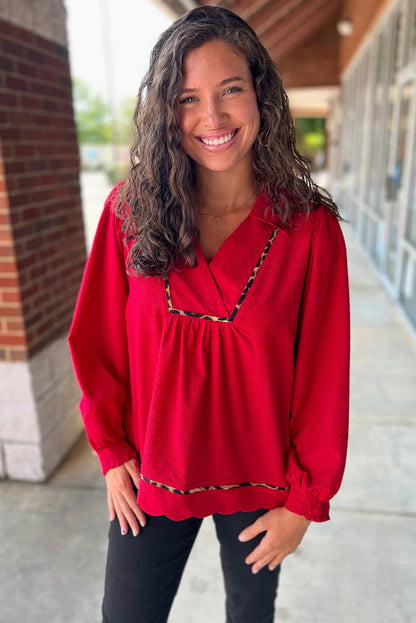 Fiery Red Collar V Neck Leopard Contrasted Trim Long Sleeve Blouse