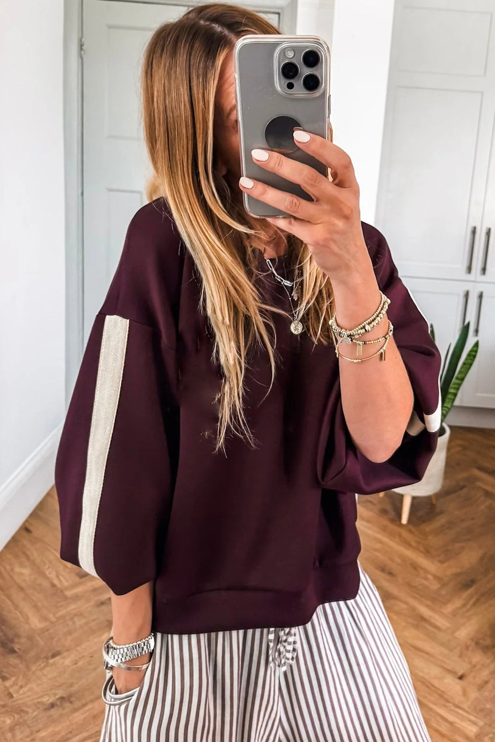 Burgundy Side Stripe Varsity Sweatshirt