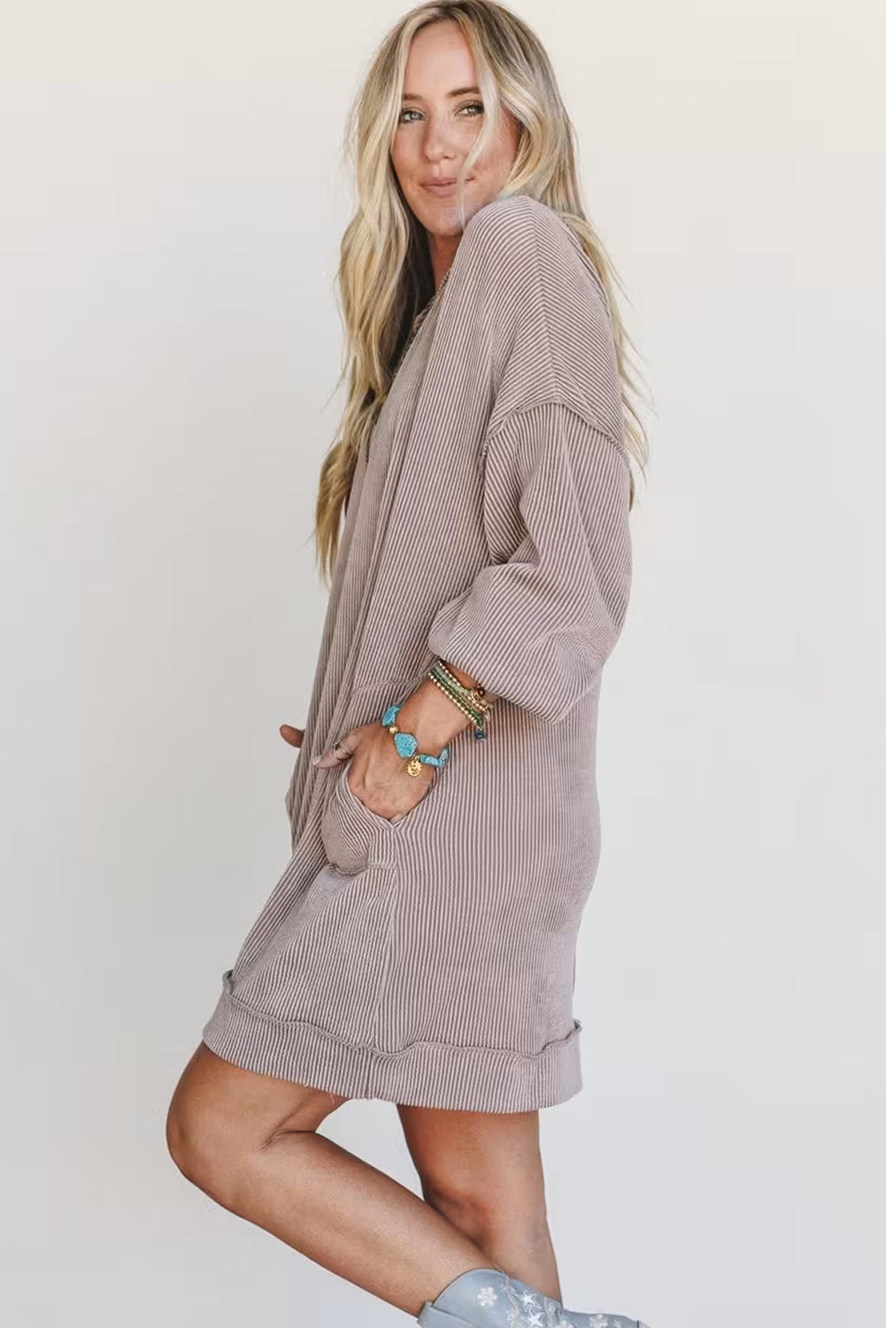Smoke Gray Twisted Ribbed Exposed Seam Drop Shoulder Patch Pocket Loose Mini Dress