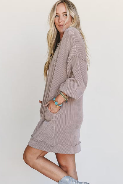 Smoke Gray Twisted Ribbed Exposed Seam Drop Shoulder Patch Pocket Loose Mini Dress
