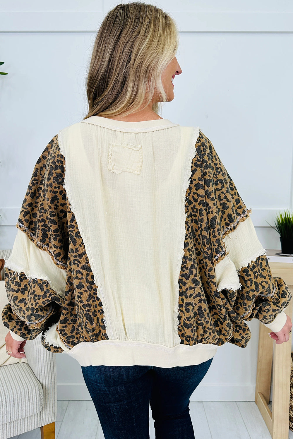 Beige Raw Seam Color Block Leopard Patchwork Baggy Long Sleeve Top