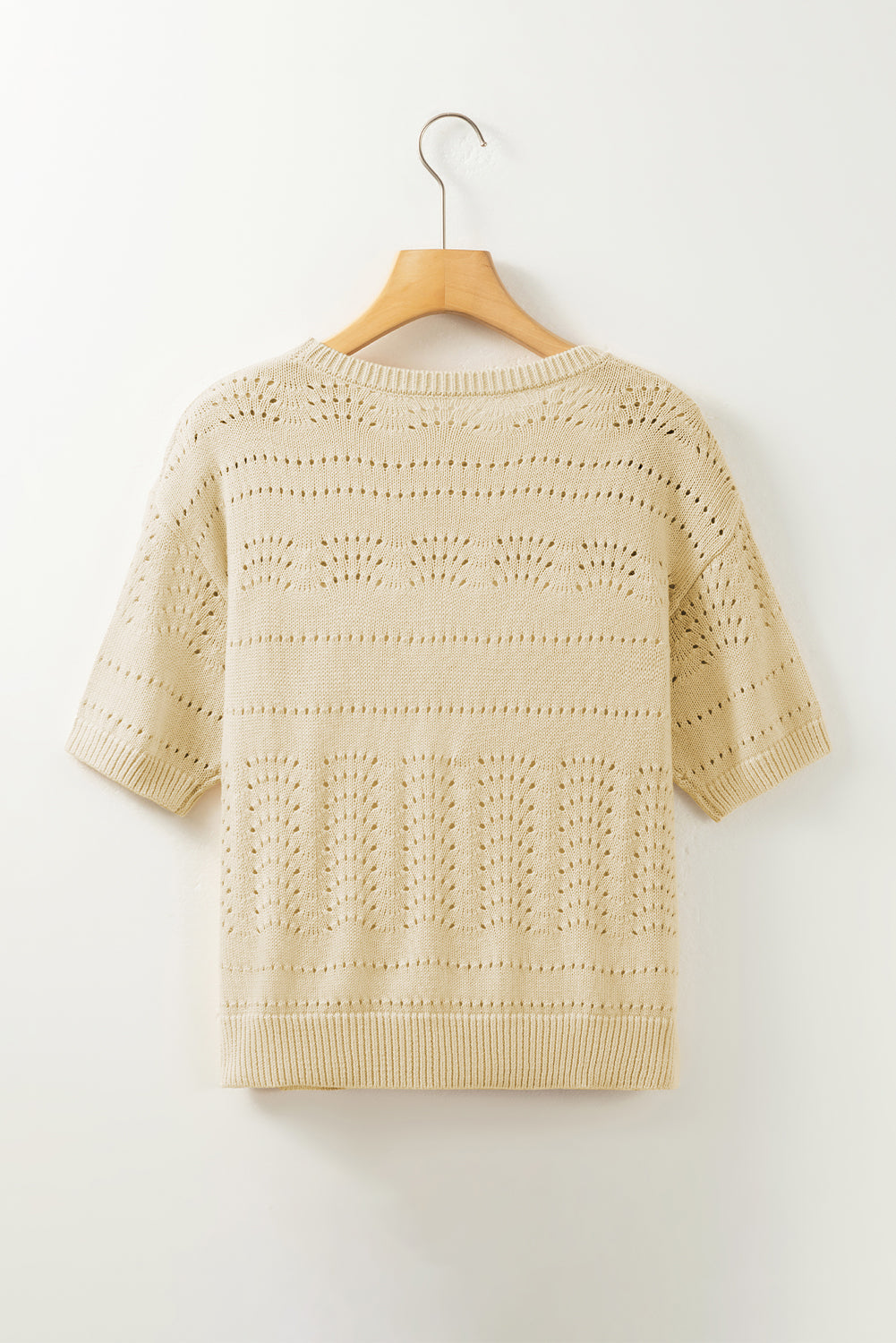 Beige Knitted Cropped Short Sleeve Sweater with Hollow Out Detail