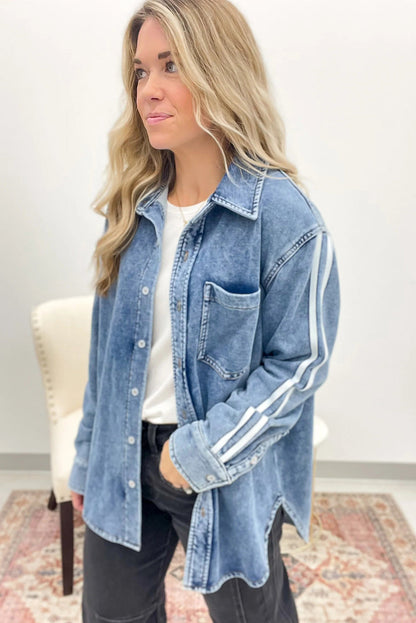 Myosotis Varsity Striped Detail Button Down Loose Denim Jacket