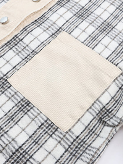 Khaki Plaid Patchwork Denim Shacket - Distressed Edges