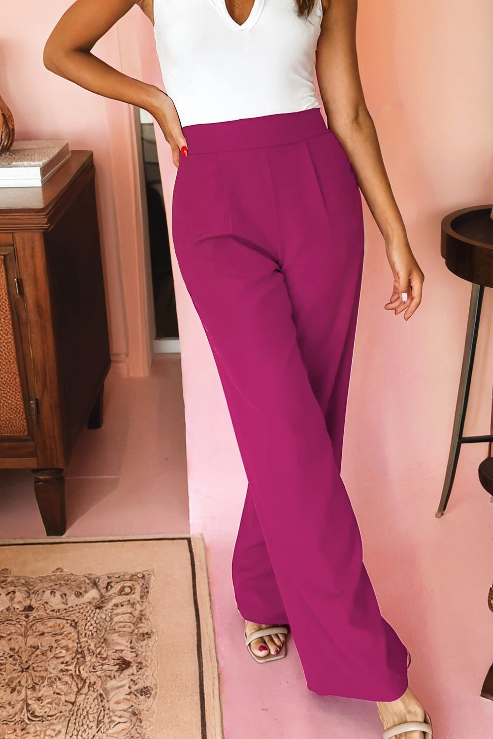 Rose Red Pleated Detail Pull On High Elastic Waist Loose Straight Pants