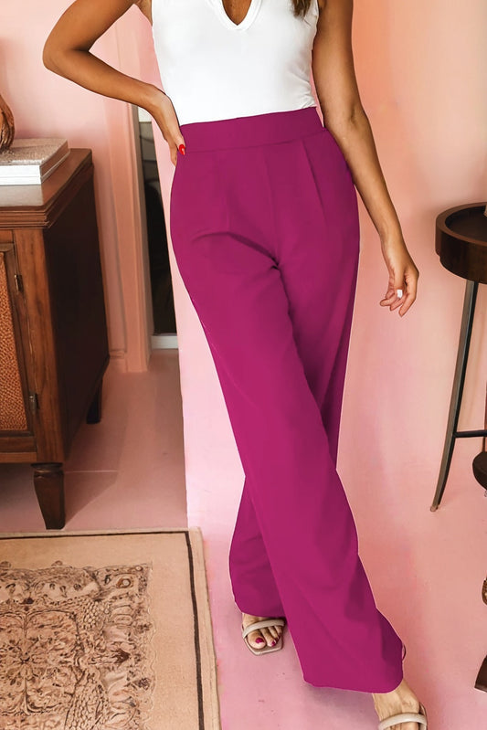 Rose Red Pleated Detail Pull On High Elastic Waist Loose Straight Pants