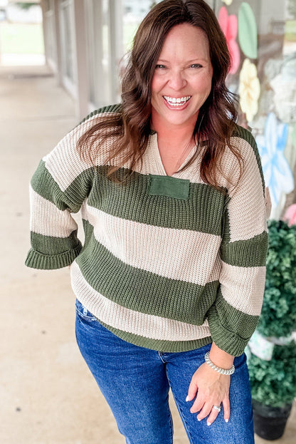 Green Stripe Plus Size Notched Neck Drop Shoulder Baggy Sweater