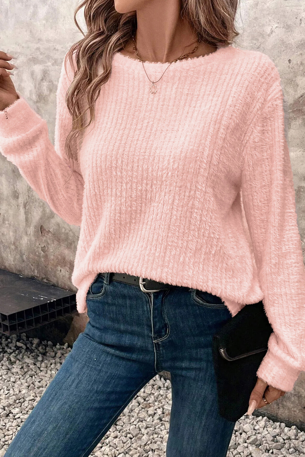 Light Pink Fuzzy Ribbed Texture Round Neck Long Sleeve Top