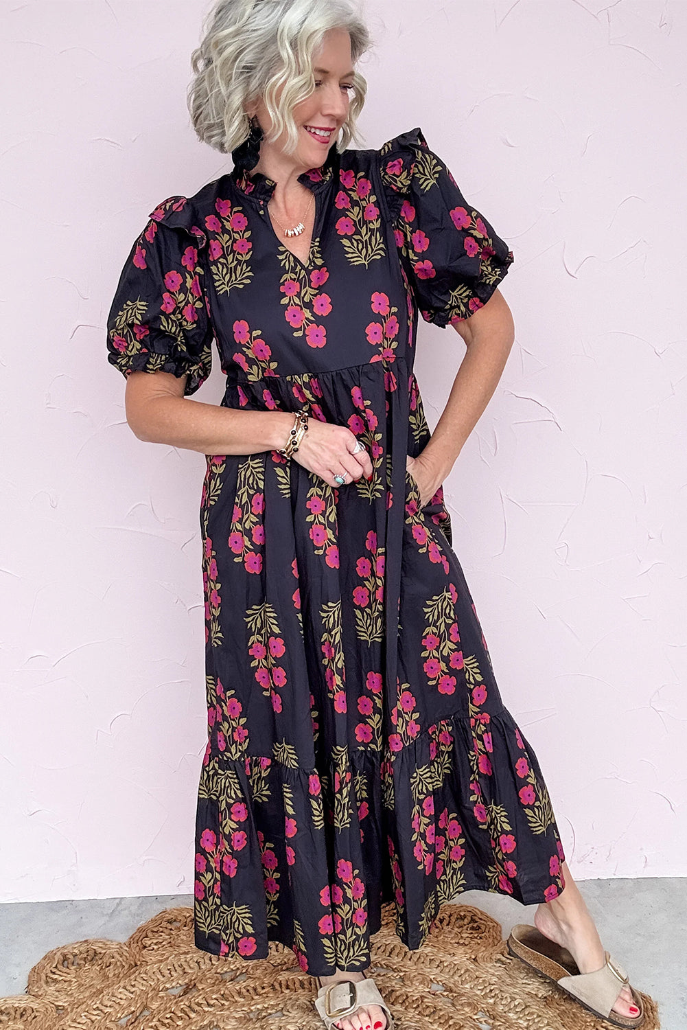 Beige Floral Short Bubble Sleeve Tiered Maxi Dress