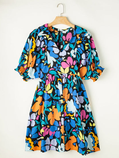 Blue Floral Split Neck Plus Size Collared Mini Dress