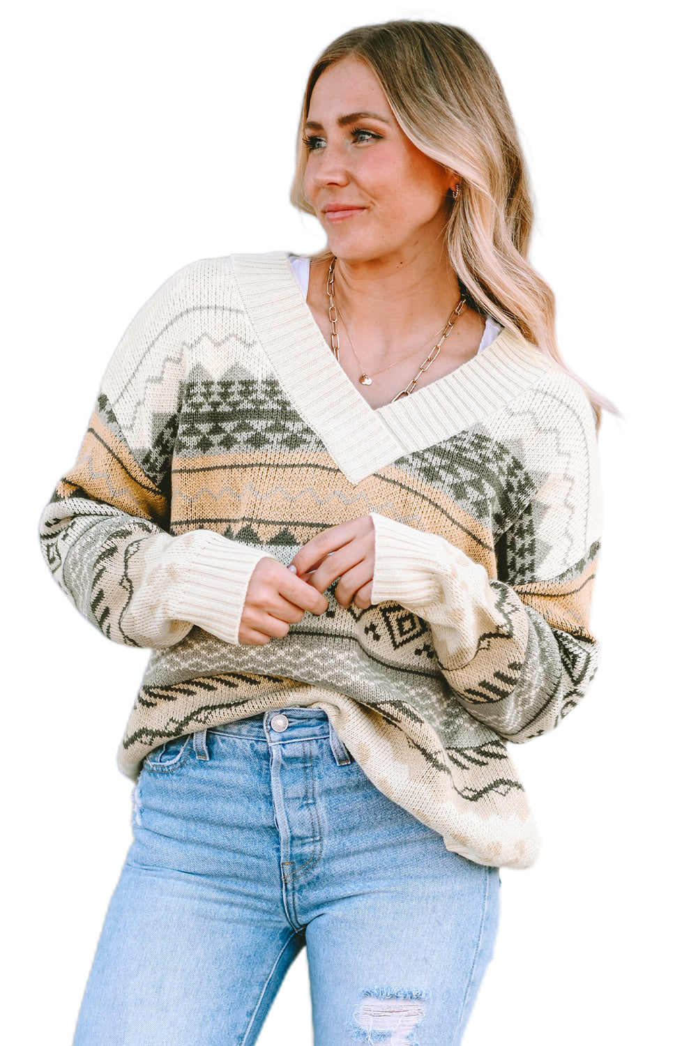 Khaki Aztec Print V Neck Sweater with Ribbed Texture
