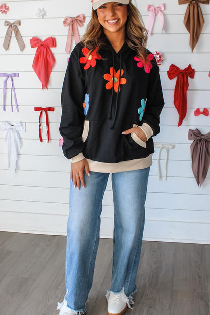 Black Flower Patched Contrast Trim Pullover Hoodie