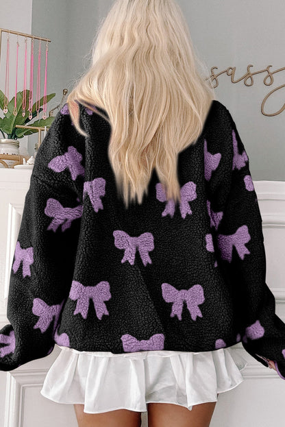 Black Bow Sherpa Quarter Zip Drop Shoulder Baggy Sweatshirt