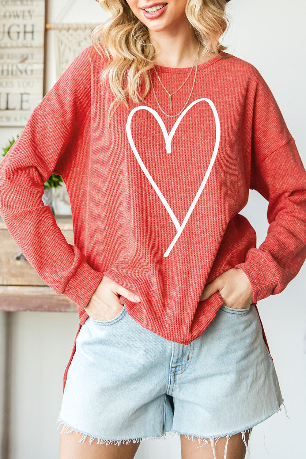 Heartfelt Red Waffle Knit High Low Long Sleeve Top