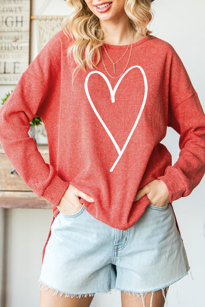 Heartfelt Red Waffle Knit High Low Long Sleeve Top