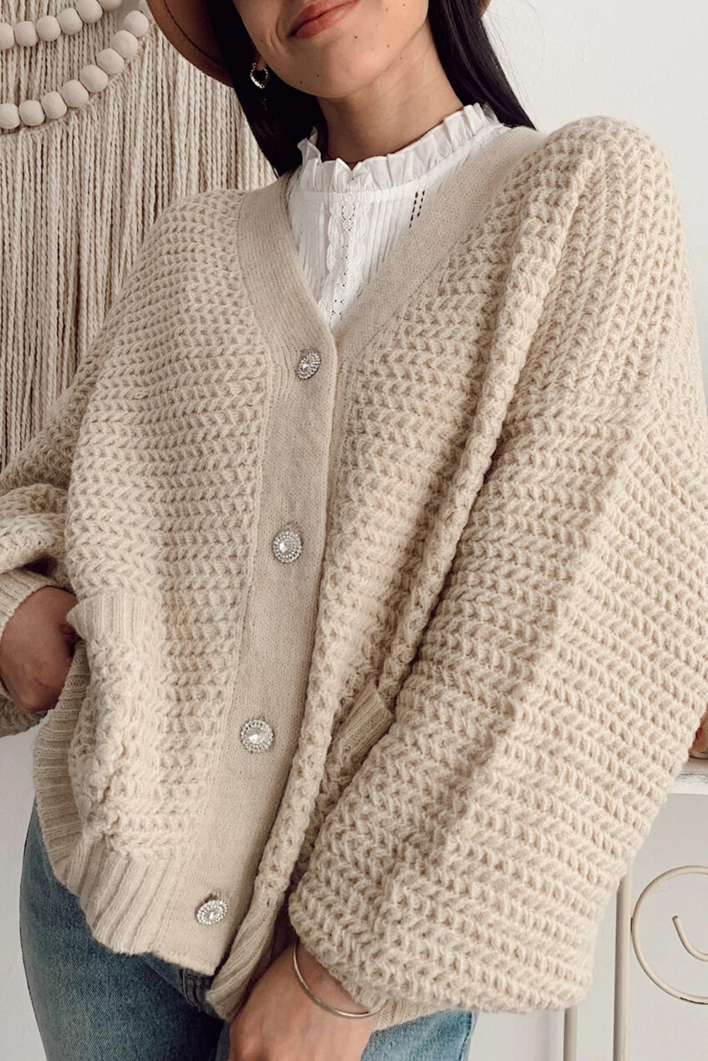 Parchment Textured Knit Side Pockets Buttoned V Neck Cardigan