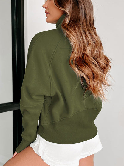 Green Ribbed Stand Collar Thumbhole Sleeve Casual Sweatshirt with Zipper